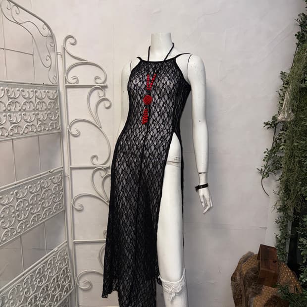 Black side slit floral lace halter ops