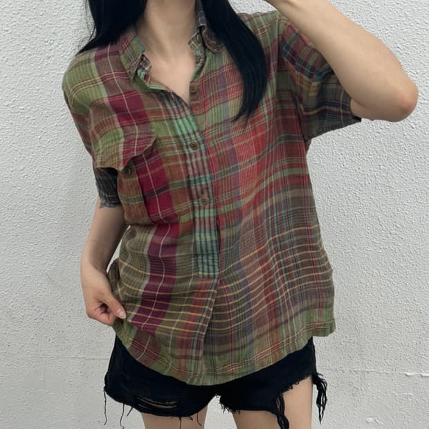 폴로 랄프로렌 빈티지그린체크 린넨 반팔 셔츠 S