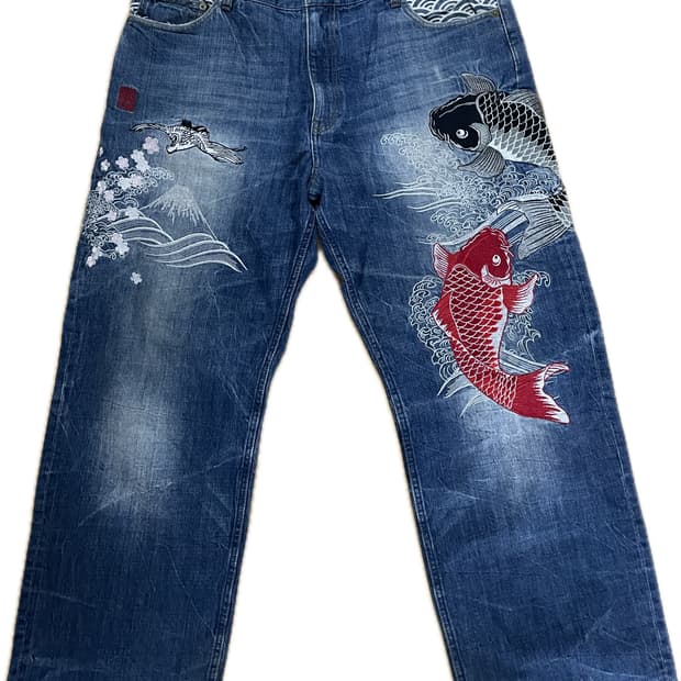 카라쿠리타마시 자수 데님팬츠 