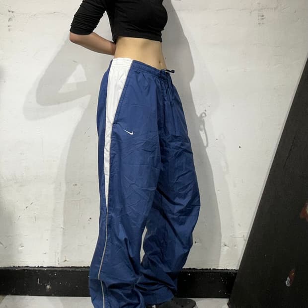 나이키 블루 와이드 화이트 사이드 트랙 팬츠 L