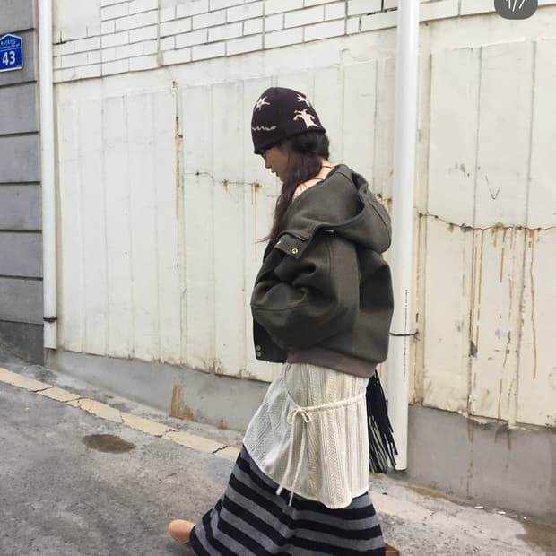 모래하우스 울 워머 후드 누빔 블루종 점퍼 하프코트 빈티지