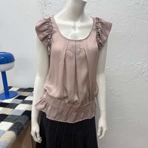 빈티지 핑크 도트 프릴 블라우스