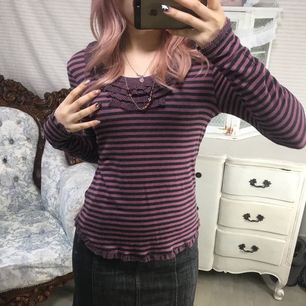 jpn vintage pink stripe frill knit