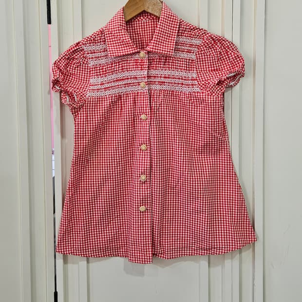 레드 체크 깅엄 반팔 블라우스