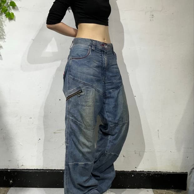 일본 빈티지 중청 워크웨어 바이커 와이드 데님 팬츠 청바지 XL