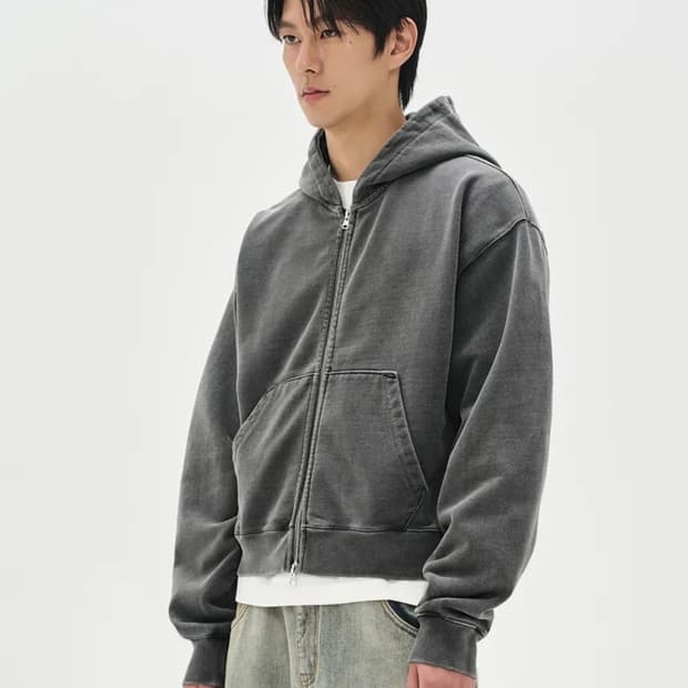 S사이즈)980G 크롭 피그먼트 후디 집업-차콜-
