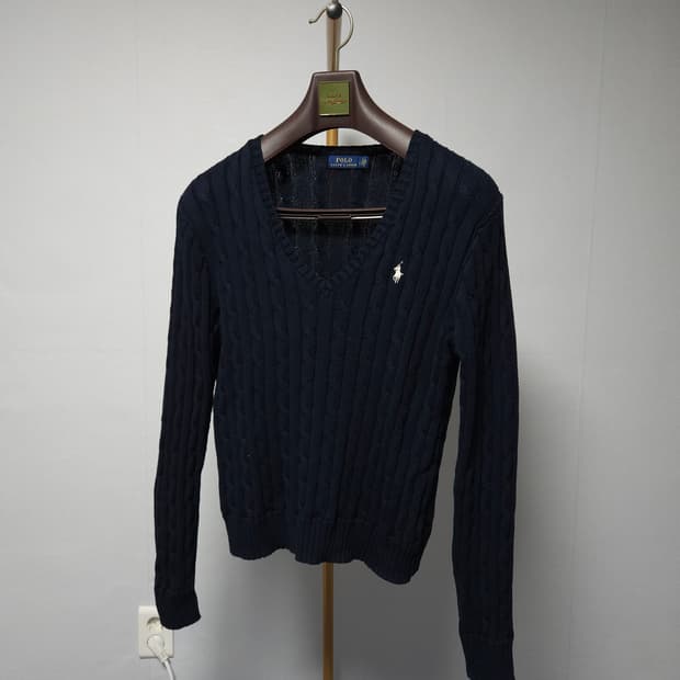 L ) 폴로 랄프로렌 여성 브이넥 케이블 니트