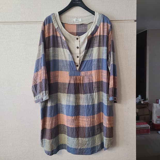 일본 빈티지 레이어드 체크 5부 블라우스 원피스 티셔츠 모리걸 단추