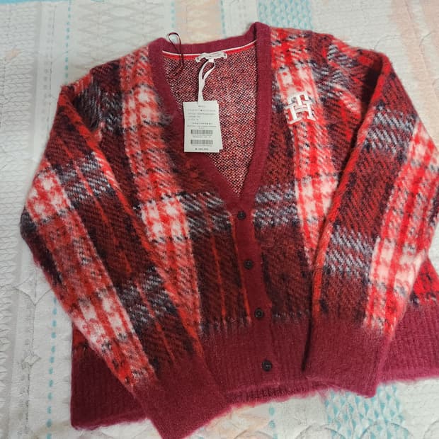 (새상품) Tommy 타미 힐피거 타탄체크 울 가디건 M 55~66