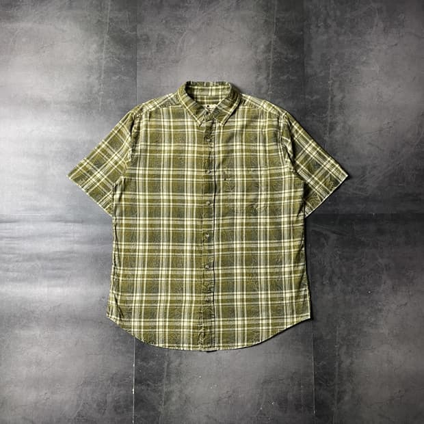 WOOLRICH 울리치 빈티지 올리브 체크 코튼 반팔 셔츠 A00779