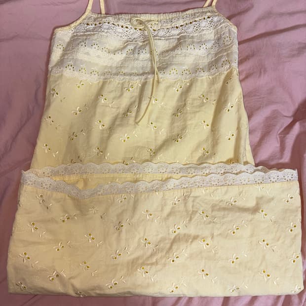 일본 빈티지 연노랑 펀칭 리본 자수 레이스 끈원피스 