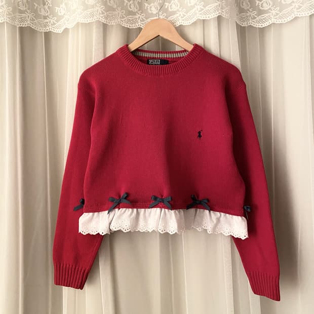 Red Lace Ribbon Detail Knit Top