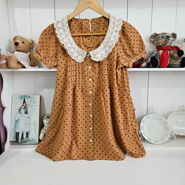 도트 레이스 카라 롱 블라우스