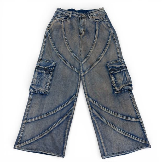 우먼M 빈티지 녹워싱 와이드 카고 데님팬츠