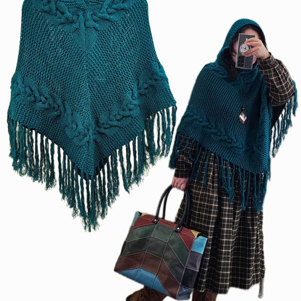 Japan 청록 니트 후드 케이프