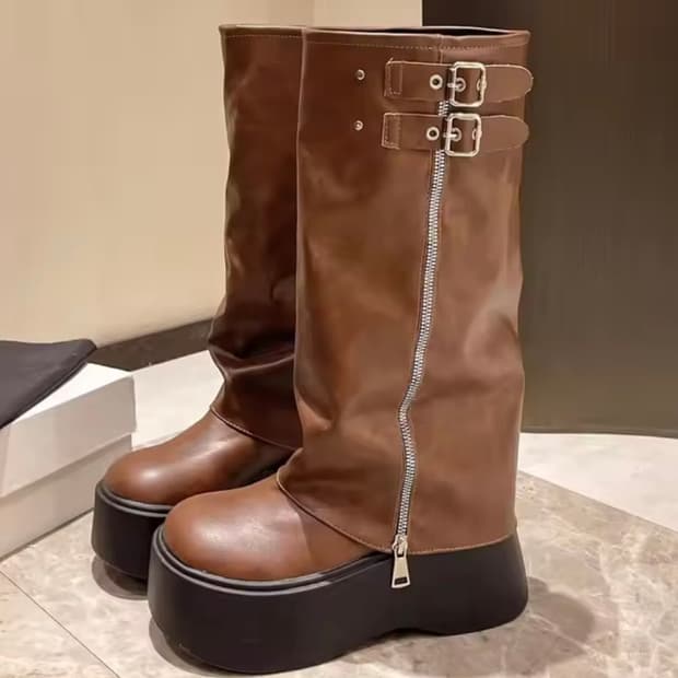 브라운 버클 플랫폼 부츠