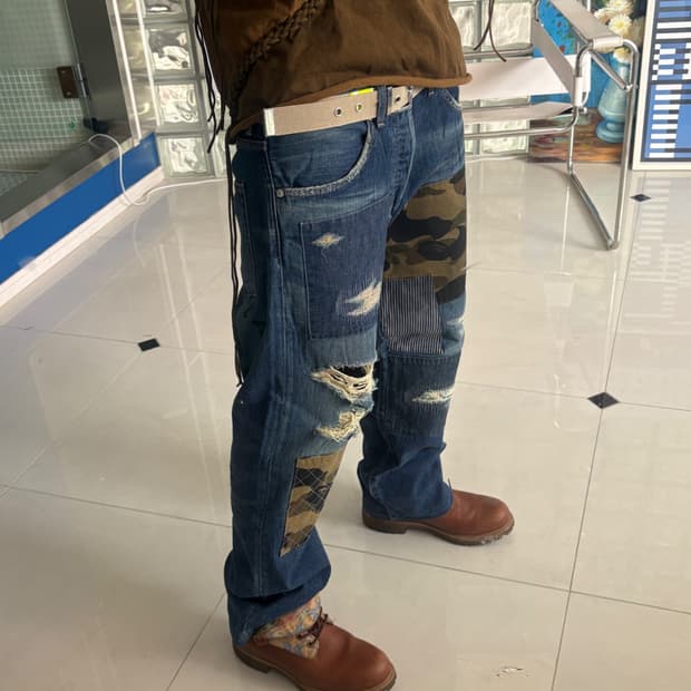 patchwork damage processing denim pants