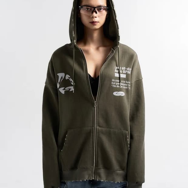 DAMAGE WIDE FIT ZIP-UP HOODIE KHAKI