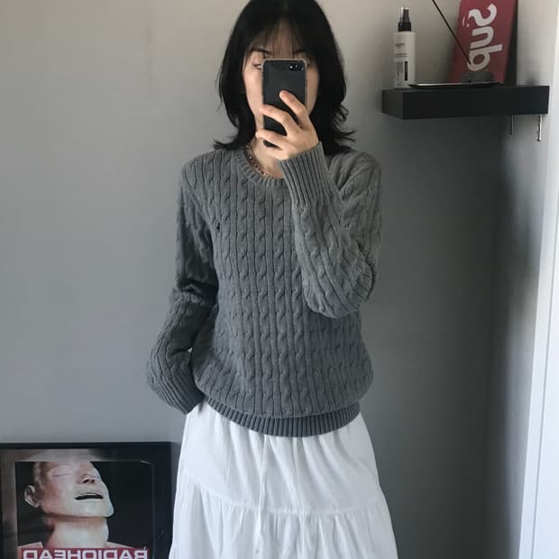 폴로 랄프로렌 신형택 포니로고 케이블 라운드 니트 그레이