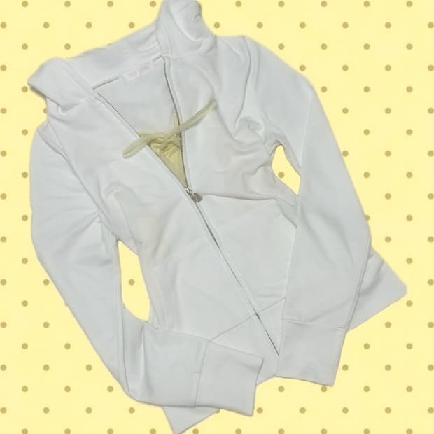 리즈리사 화이트 집업,, 하트참, 레몬크림색 레이스 하트 패치