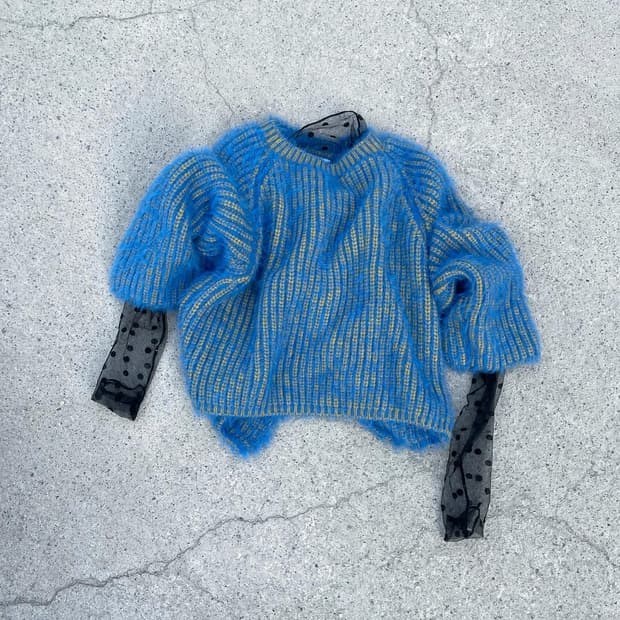 Yellow blue ribbed fuzzy knit