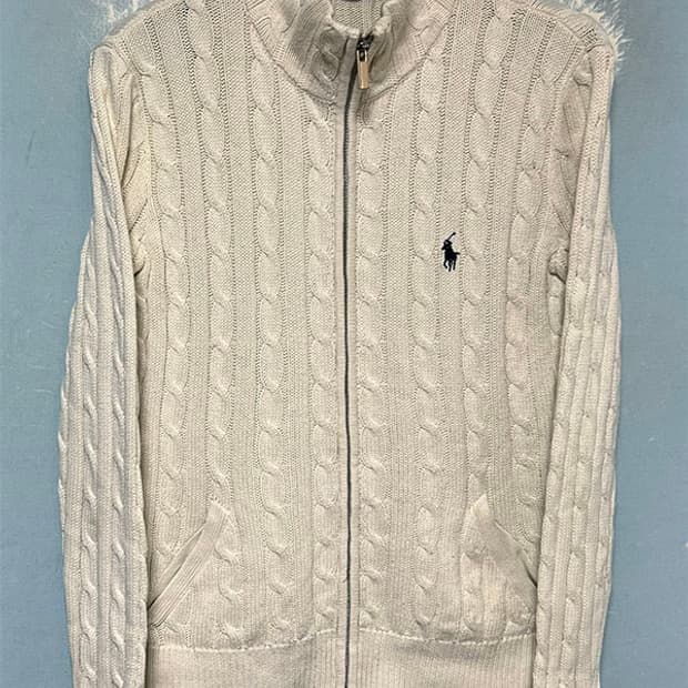 랄프로렌 스포츠 여자 꽈배기 니트집업 코튼가디건 아이보리 S 90 55