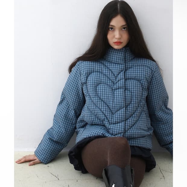 BadBlue 하트 푸퍼 자켓 체크 블루 M