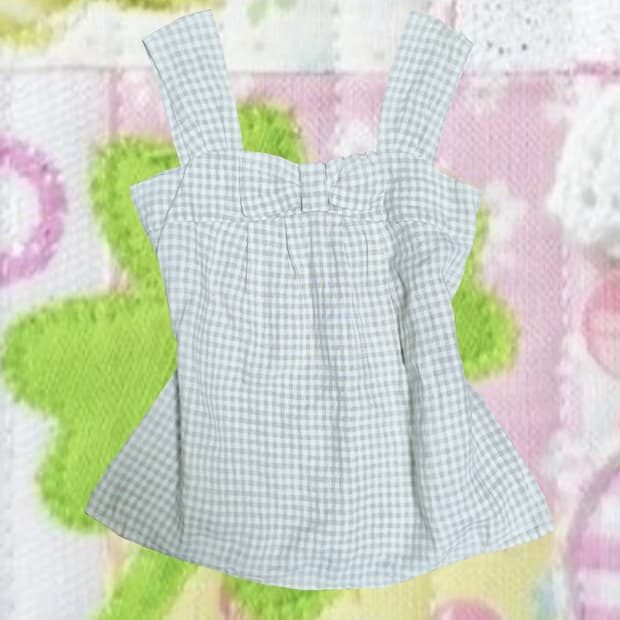 빈티지 베이지 체크 깅엄 스퀘어넥 블라우스 슬리브리스 나시 리본