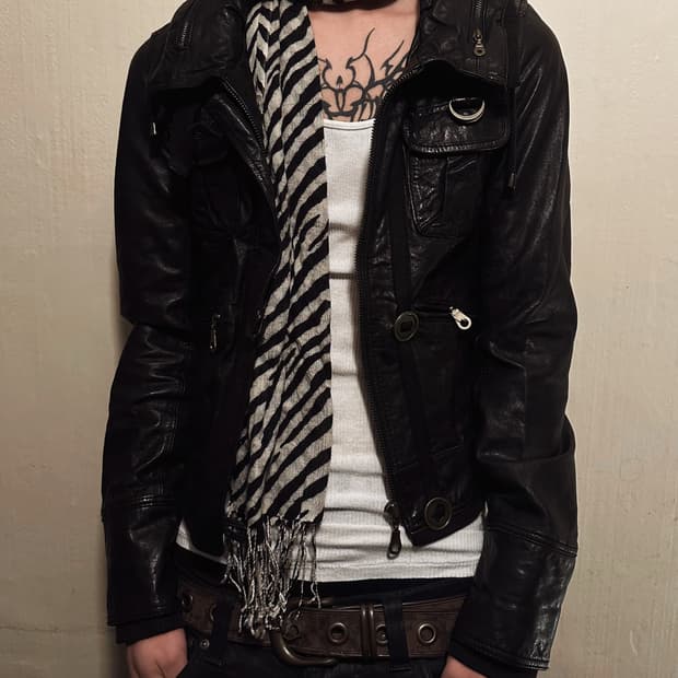 leather jacket zebra scarf set..
