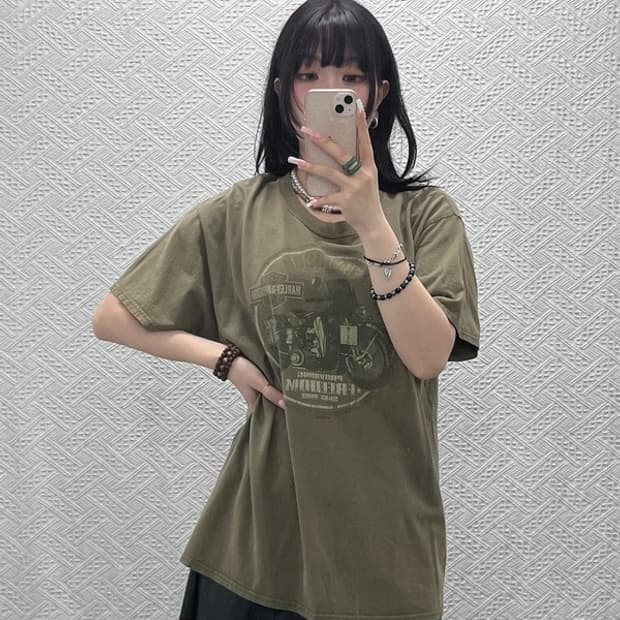 할리데이비슨 모터사이클 레이싱 펑크 말차카키 반팔티 100 C12236