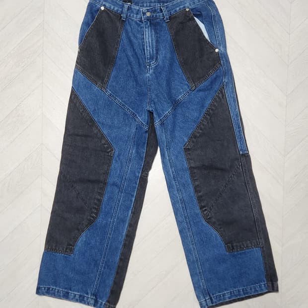 꼼파뇨 믹스트 절개 와이드 데님 팬츠 워시드 블루 L