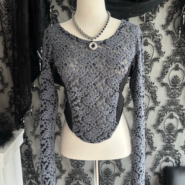 플라워 시스루 바디수트핏 티셔츠