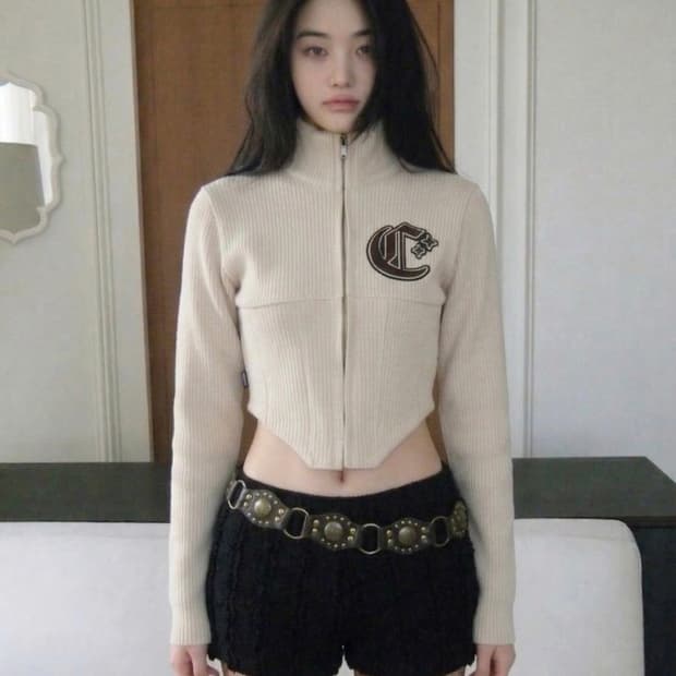 [크랭크] 코르셋 니트 집업_베이지