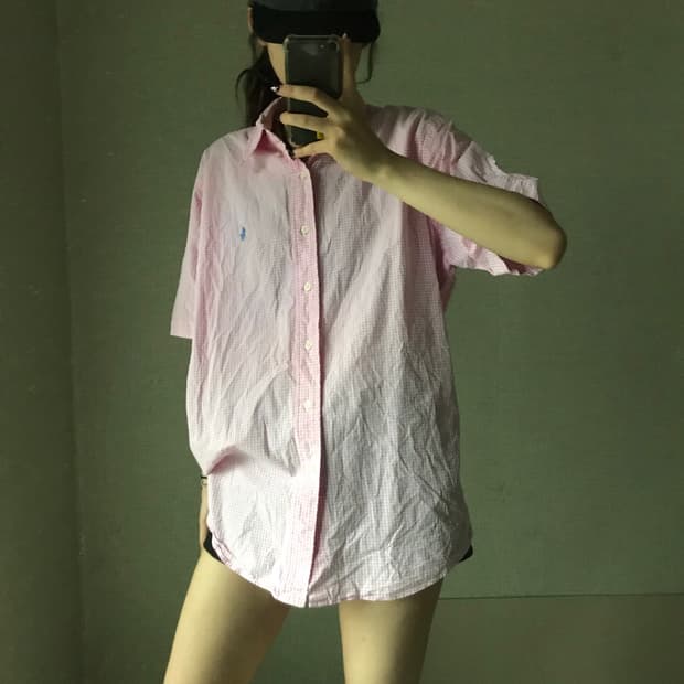 폴로 연핑크 깅엄체크 반팔 셔츠