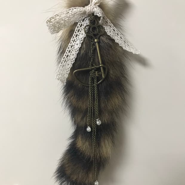 Fur Tail Keyring with Antique Key & Pear