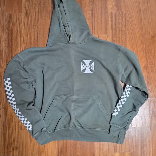 Rhude 루드 체크 슬리브 후드티 카키