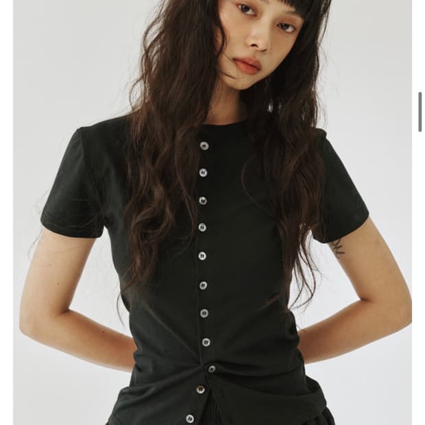 Plzproject 라운드 버튼 슬림 셔츠 그레이