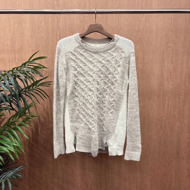 시스템 라운드넥 울 블렌드 니트 케이블 믹스 배색 디테일 베이지 민트