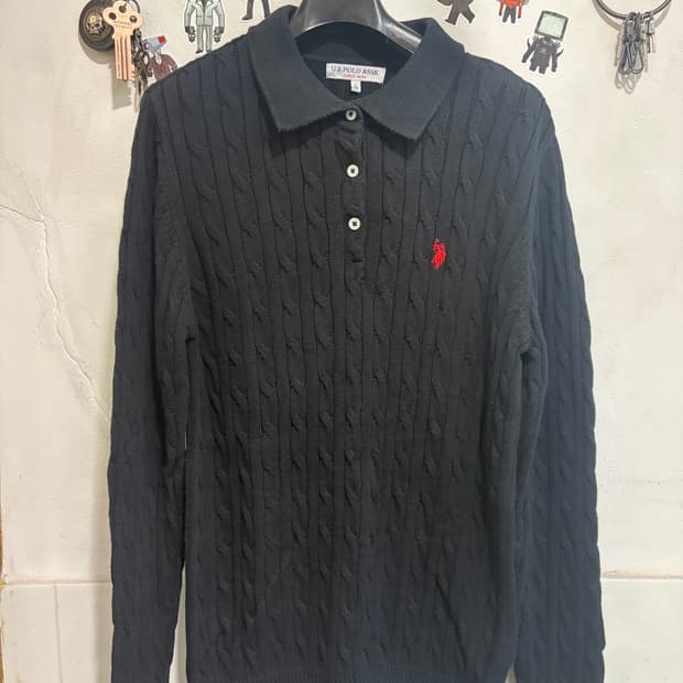 U.S. 폴로 꽈배기 카라 니트 블랙 100