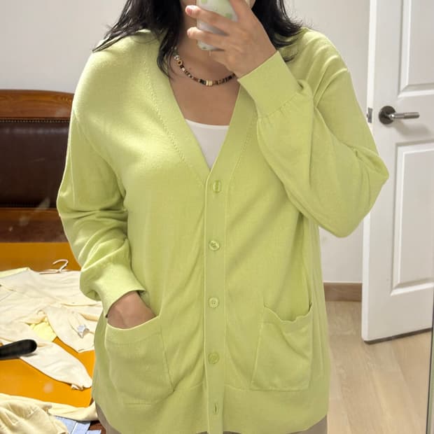 GU 봄 가을 아크릴 면 혼방 가디건 연두 💚L