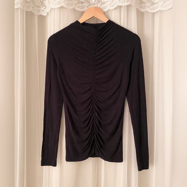 Black Shirring Turtleneck Top