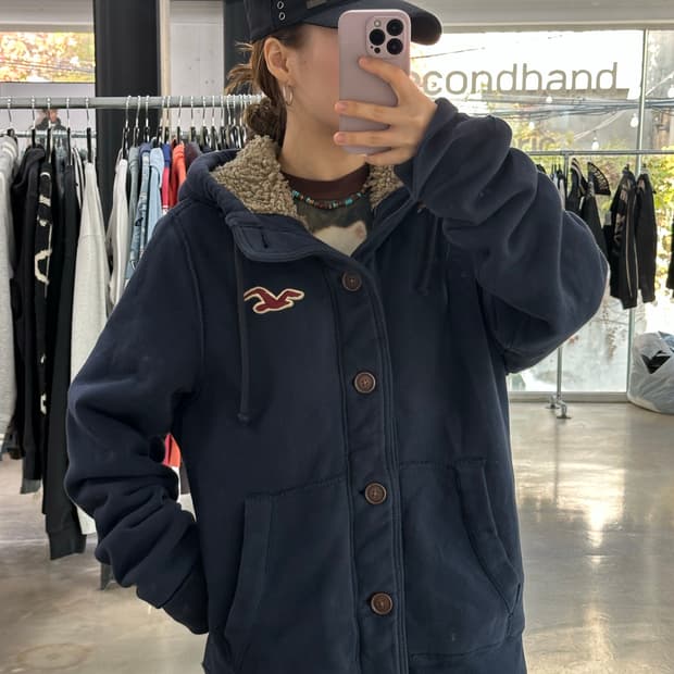 홀리스터 양털 버튼 후드점퍼 네이비