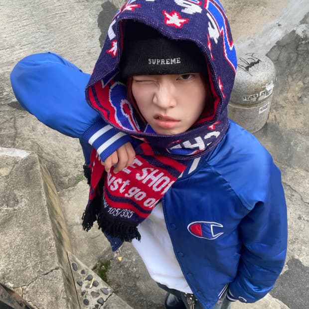 챔피온 블루 화이트 새틴 자켓 올드스쿨 스트릿 코디 세트