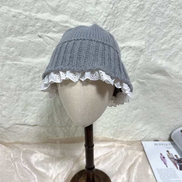 빈티지 그레이 토끼털 니트 레이스모자 버킷햇