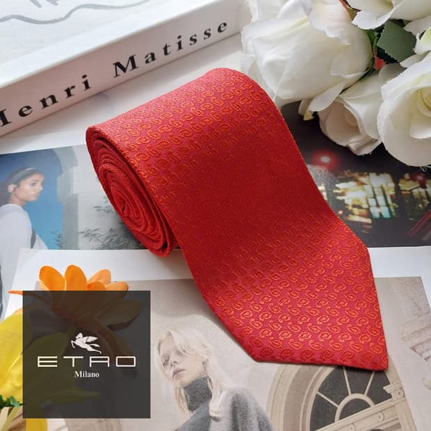 에트로 실크 레드 페이즐리 자수 넥타이 8.7cm A등급 K2570
