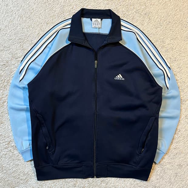 대장급) 아디다스 삼각로고 사이드라인 배색 기모 트랙탑 져지 하늘