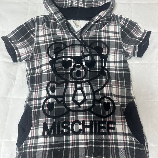  안경 곰돌이 체크 반팔 후드 갸루