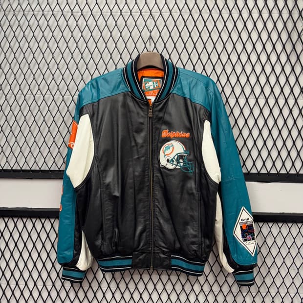 90s G-lll 칼뱅크 레더 바시티자켓 NFL 마이애미 돌핀스 블랙