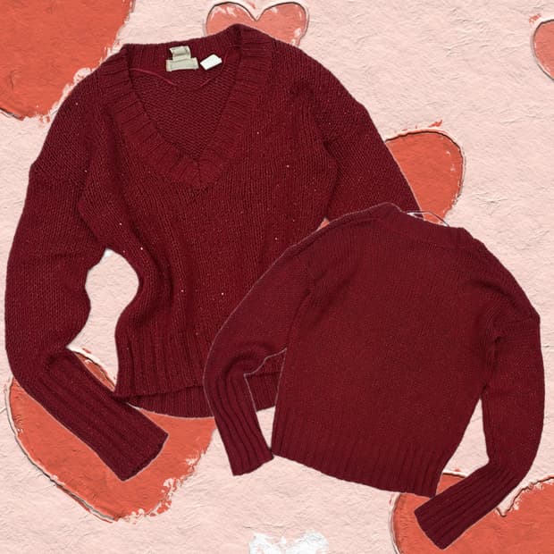 Mudd 레드 러블리 스팽글 브이넥 니트 그런지 히피 에스닉