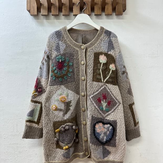 일본빈티지 모티브 뜨개 입체 패치 자수 스웨터 